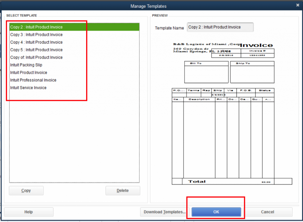QuickBooks Lot Tracking 7 - Manage Template - Select One